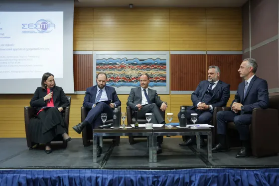 Ι. Παπακυρίλλου, Διευθύνουσα Σύμβουλος Ελληνικής Αναπτυξιακής Τράπεζας, ο κ. Ο. Καβαλάκης, Διοικητής Ειδικής Υπηρεσίας Συντονισμού Ταμείου Ανάκαμψης, ο κ. Τ. Γεωργάκης, Chief of Commercial Banking ALPHA BANK, ο κ. Σ. Ασθενίδης, Διευθύνων Σύμβουλος Κοινωνία της Πληροφορίας Μ.Α.Ε. και ο κ. Λ. Παπαϊωάννου, Ταμίας ΔΣ ΣΕΣΜΑ, Managing Director PwC Greece